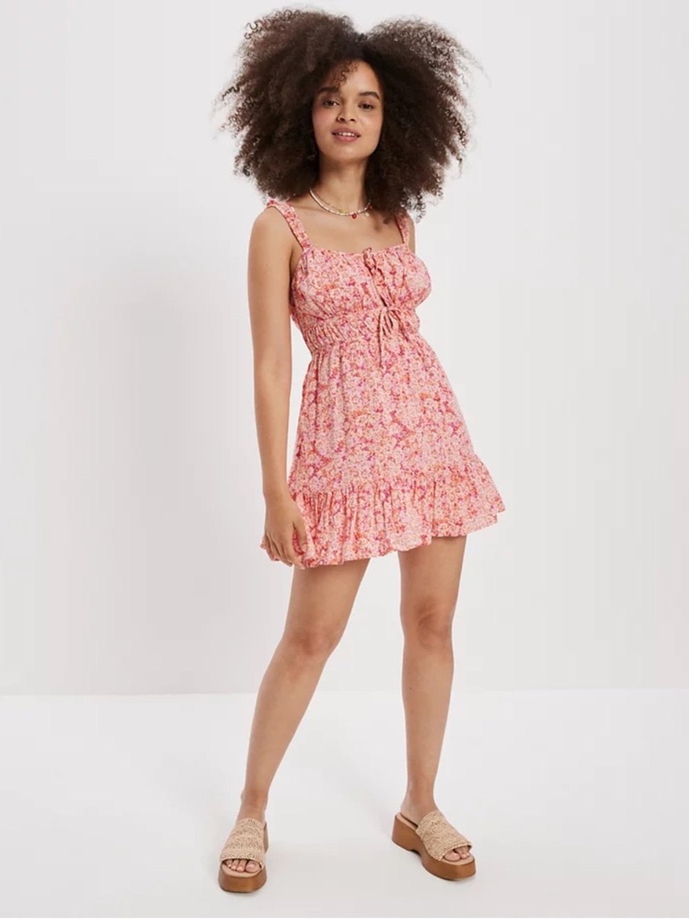 American Eagle Outfitters Silky Tie Front Pink Floral Tie-Front Mini Dress